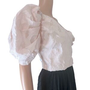 PINK Owl Floral Stamped Arm Puff Cropped Bubblegum Top